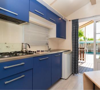Cucina moderna con mobili blu e vista sul giardino.